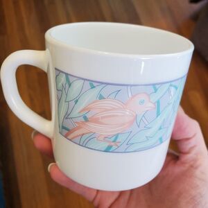 Vintage Arcopal France mug Paradis pattern bird foliage white‎ opal